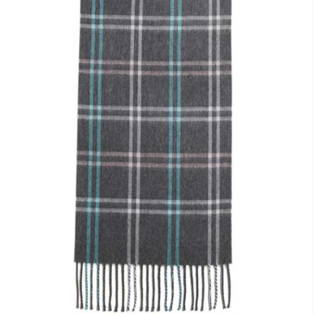 Steve Madden Fringed Grey Scarf with Blue & White Checks - NWT